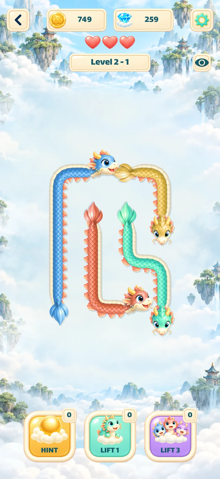 Four colorful dragons following curved paths on the cloud-filled puzzle board