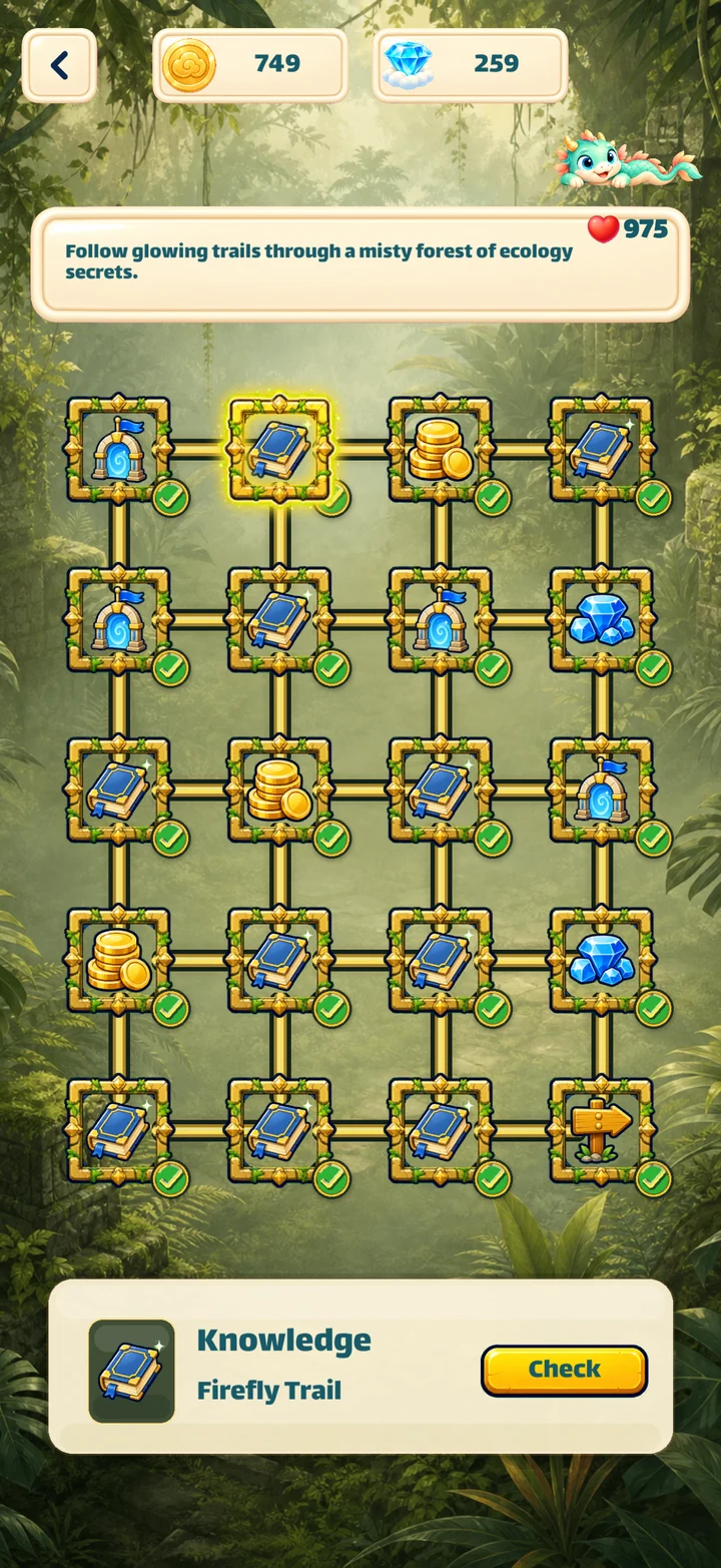 Connected rooms in Rainforest Labyrinth, including the Firefly Trail knowledge room