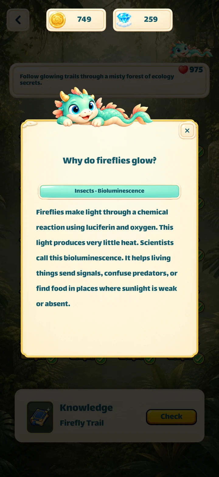 A discovered knowledge card explaining why fireflies glow
